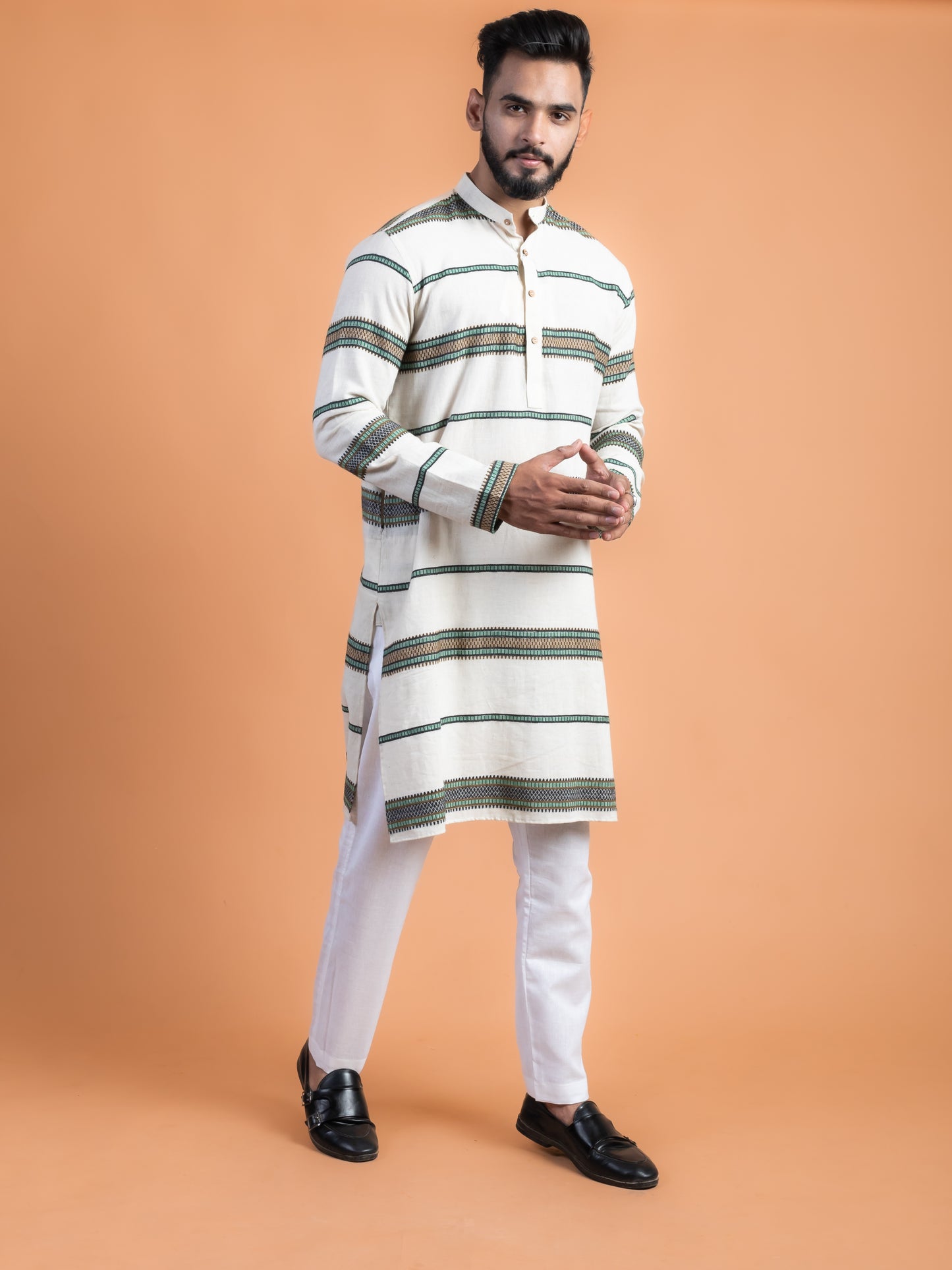 Green and white woven kurta