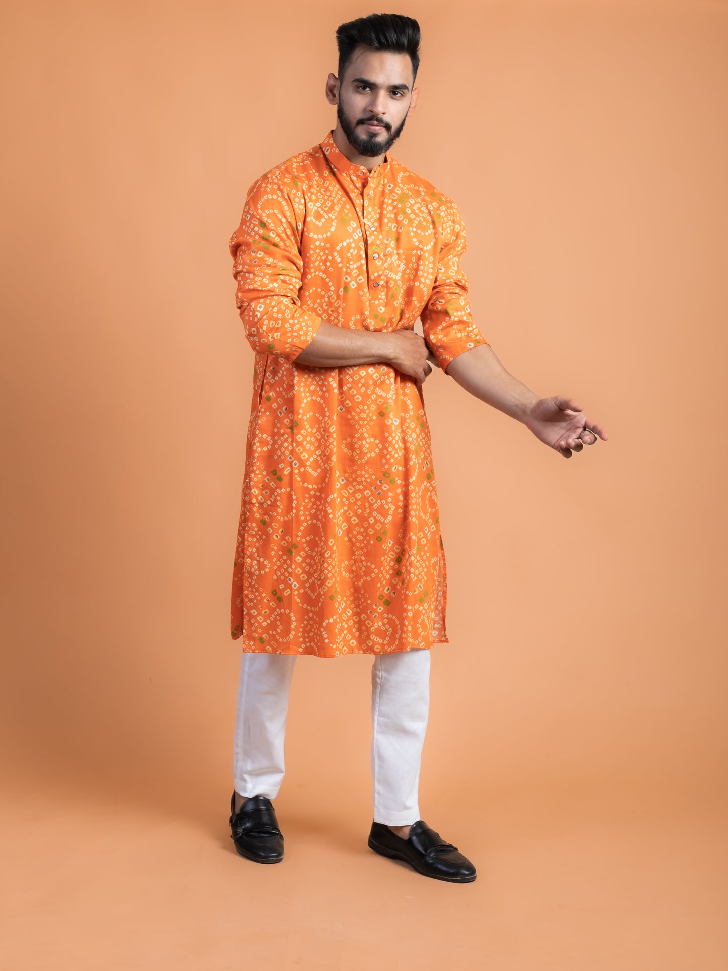 Orange bandhej kurta