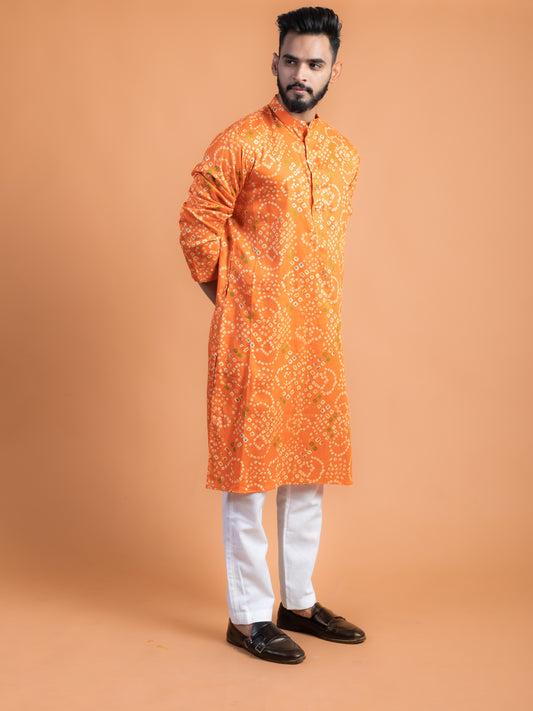 Orange bandhej kurta