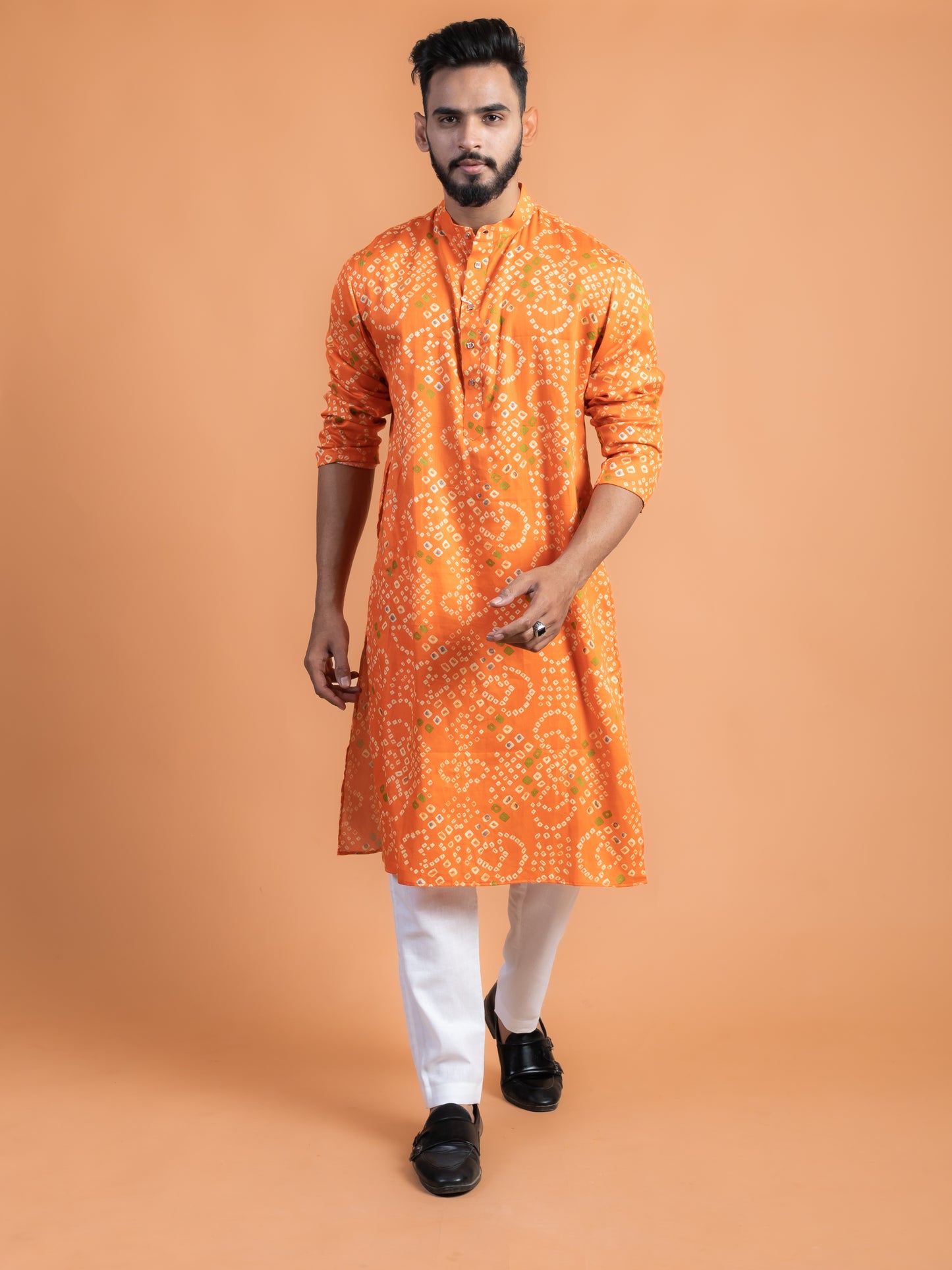 Orange bandhej kurta