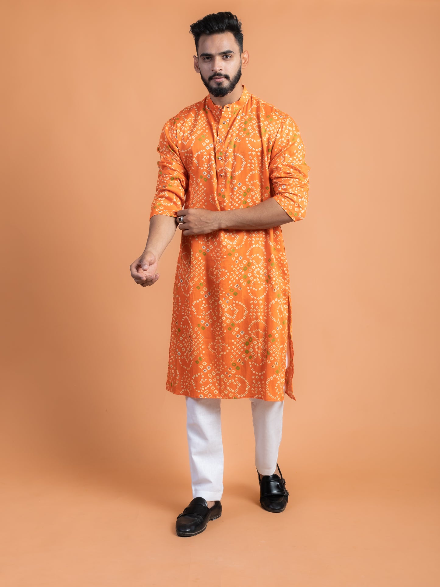 Orange bandhej kurta